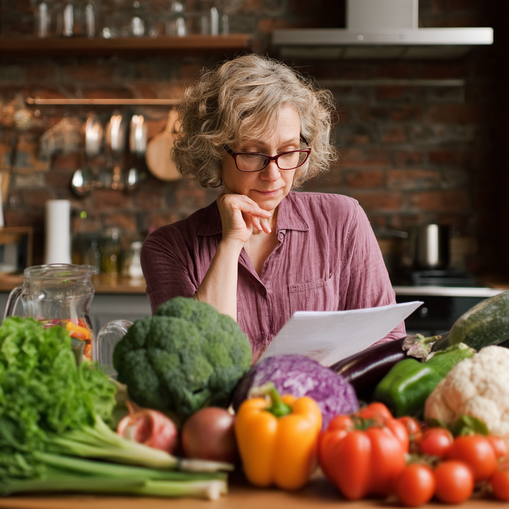 Middle-aged woman carefully planning balanced meals with fresh ingredients