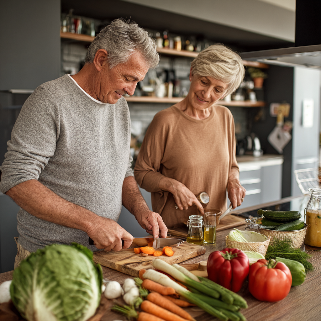 Senior couple preparing healthy meals together in a modern kitchen